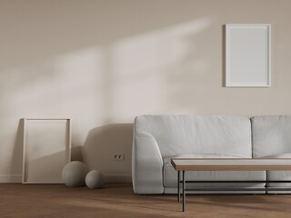 Minimalist Living Room Scene with Frame on Wall and Decorative Spheres