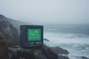 A vintage monitor displays green waveforms on a rocky cliff overlooking a stormy ocean under a hazy sky. 