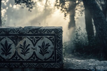An ancient mosaic tile with botanical design stands amidst a misty forest, blending history with nature's tranquil beauty.