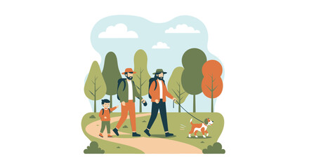 Family Hiking Together on a Peaceful Trail with Their Friendly Dog Enjoying Nature's Bounty