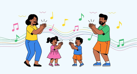 Family Joyfully Clapping and Singing, Celebrating and Enjoying Together with Musical Notes