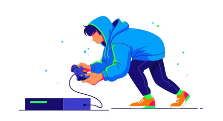 Focused Gamer Playing With Controller Connected To Console, Isolated Vector Illustration
