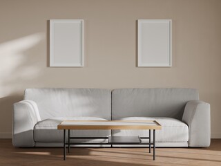 Minimalist Living Room Interior with Two Vertical Frames Above Sofa