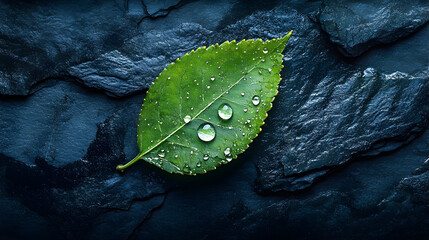 Green leaf with water droplets on dark slate background macro photography.