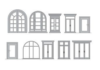 Vector illustration of architectural floor plan elements Different types of door swings single, double, sliding, folding, arc shapes isolate white background.