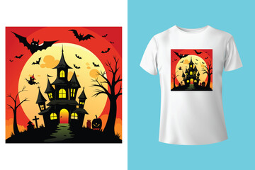 Black t shirt featuring a spooky halloween moon and bats design
