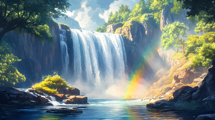 Majestic Waterfall Cascading into a Serene Pool with a Vibrant Rainbow.