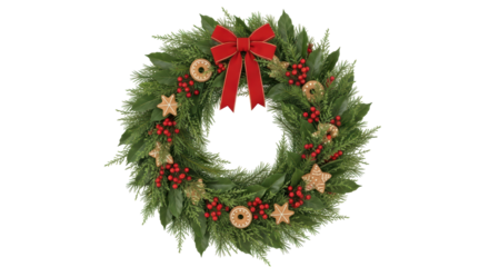 Isolated Holiday evergreen wreath with red ribbon, berries, Christmas decor ornaments