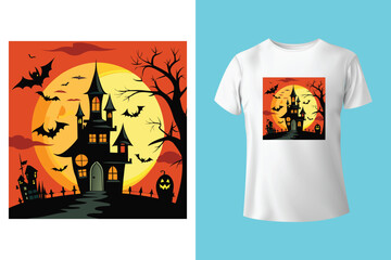 Black t shirt featuring a spooky halloween moon and bats design