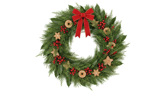 Isolated Holiday evergreen wreath with red ribbon, berries, Christmas decor ornaments - Powered by Adobe