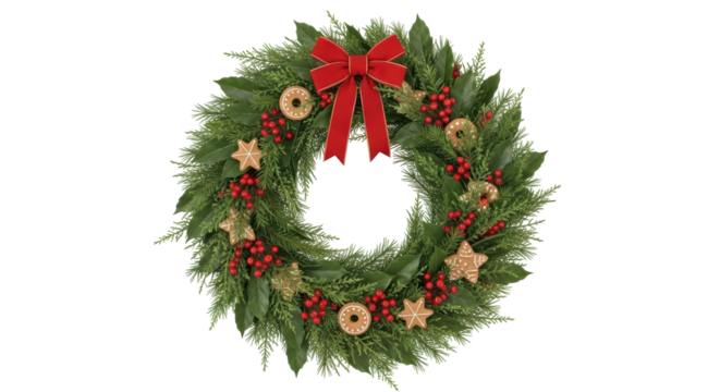 Isolated Holiday evergreen wreath with red ribbon, berries, Christmas decor ornaments