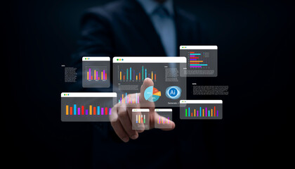 Businessman touching virtual screen with AI data analytics dashboard charts and graphs, modern technology for big data analysis and business intelligence solutions