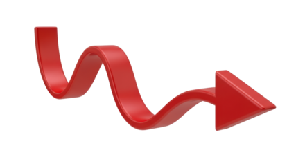 Isolated red 3D arrow icon pointing right with meandering flowing wavy line graphic