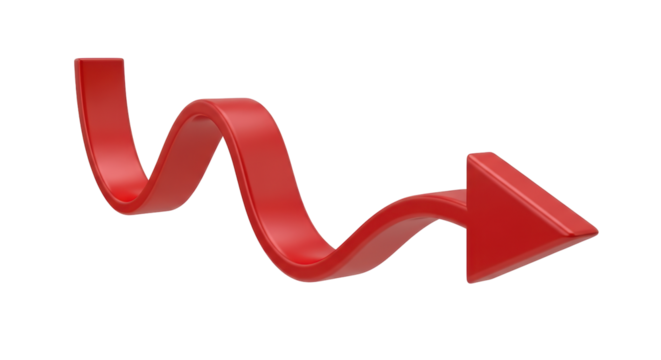 Isolated red 3D arrow icon pointing right with meandering flowing wavy line graphic
