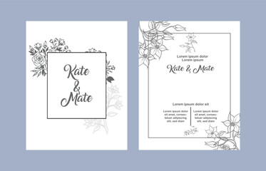 Two floral cards display elegant calligraphy with Kate and Mate inside decorative square frames