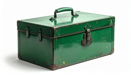 A vintage green metal toolbox with rusted edges and sturdy handles sits on a wooden surface—its worn patina and industrial form evoke utility, memory, and the rhythm of crafted resilience.