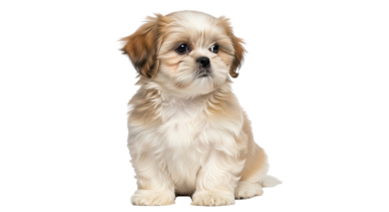 Isolated puppy with fluffy fur sitting in the studio, a charming little dog on no background
