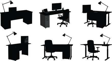 Collection of office desk silhouettes with computer, laptop, ergonomic chair, table lamp, modern workspace, organized workstation, home office furniture illustration