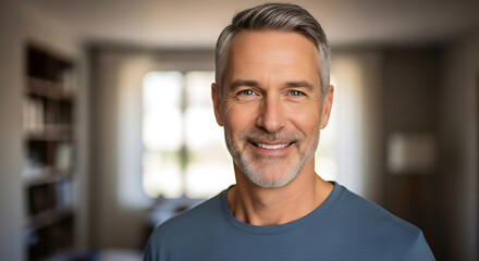 Fototapeta premium Confident mature man smiling with bright eyes at home, looking for positive lifestyle changes and embracing aging gracefully with silver hair and a friendly face