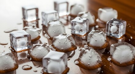 Close-up of melting ice cubes on a reflective surface.