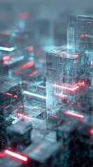 Fototapeta premium Futuristic digital landscape of transparent cubes with glowing red and blue neon lights.