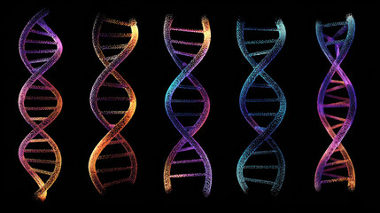 Glowing dna helix abstract genetics science biotechnology neon gradient particles pattern lights swirl on black background, creative mood