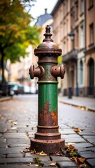 Rusty fire hydrant on a cobblestone street in autumn