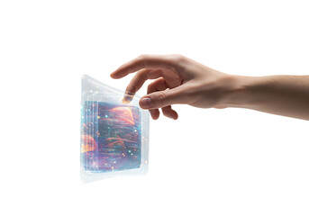 Hand holding holographic display showing colorful nebula and stars against white backdrop, representing future technology and innovation.