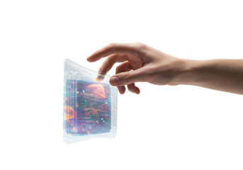 Hand holding holographic display showing colorful nebula and stars against white backdrop, representing future technology and innovation.