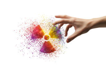 Hand reaching for colorful radiation symbol disintegrating into particles on white, representing the fading dangers of nuclear energy with a hopeful and innovative theme.