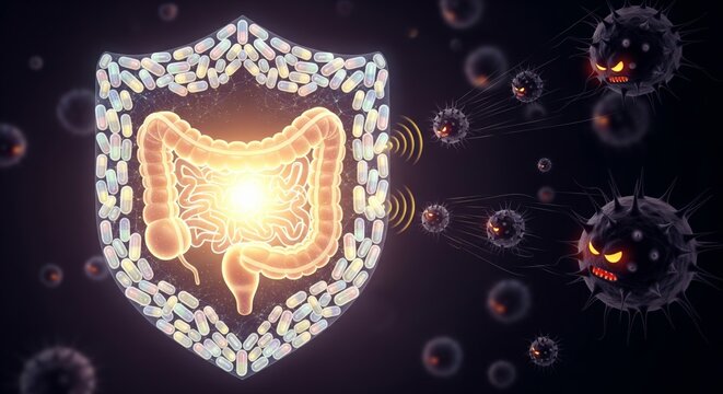 Conceptual illustration of gut health showing a probiotic shield protecting glowing intestines from attacking viruses and harmful bacteria
