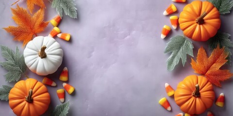 Obraz premium Delightful autumn decor with pumpkins, candy corn, and colorful leaves ready for a festive celebration, banner, copy space, free space for text