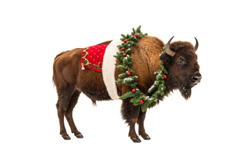 American bison wearing red Santa hat and Christmas garland with ornaments around neck, isolated on a transparent background