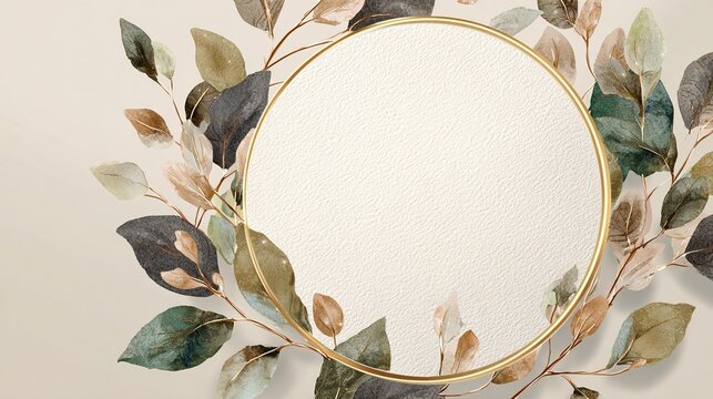 wreath. A circular wreath of watercolor leaves with gold accents, exuding artistic charm and harmony. event programs, museum guides, designed for cultural heritage projects and event programs.