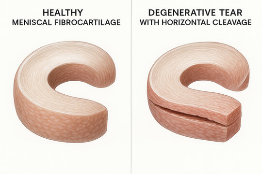 [Medical illustration of healthy meniscus and degenerative tear]