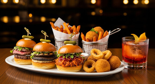 Enjoy gourmet slider appetizers with crispy onion rings and sweet potato fries at upscale restaurant