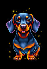 dachshund breed dog puppy decorative portrait with big eyes on black background with shiny stars