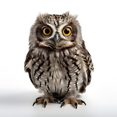 Fototapeta premium Wise Gaze: A captivating portrait of a young owl, its large, expressive eyes and fluffy feathers fill the frame, as it sits perched, exuding an air of quiet wisdom and curiosity.