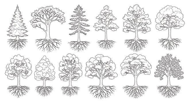 Collection of Hand Drawn Tree Illustrations with Visible Root Systems. - Powered by Adobe