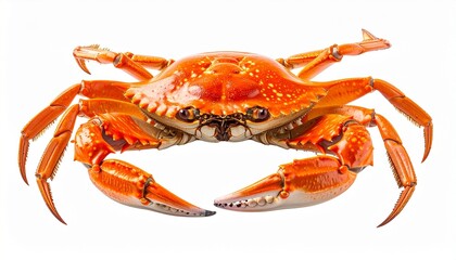 A cooked crab with bright orange-red shell spreads its claws and legs against white—its detailed anatomy and bold color evoke culinary richness, marine strength, and the rhythm of edible form.