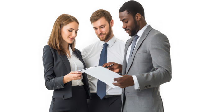 Diverse business team reviewing documents together in a modern office setting