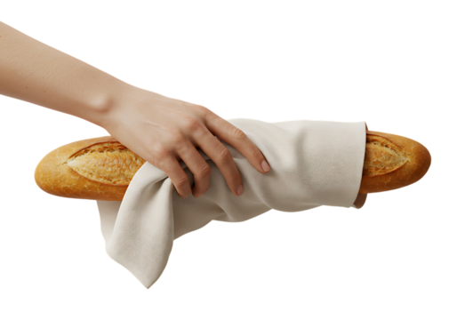 Hand holding a freshly baked baguette wrapped in a linen cloth against a white backdrop, showcasing simplicity and culinary delight. - Powered by Adobe