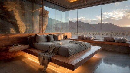 Modern Bedroom with Large Glass Windows and Mountain View at Sunset