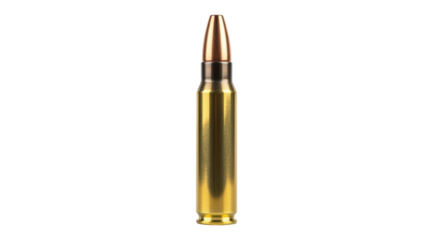 Isolated cartridge ammunition 5.56mm bullet, metallic casing projectile for weapon shooting