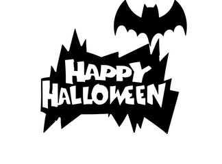 Spooky happy halloween text with bat silhouette for festive holiday celebration designs and themes on white background