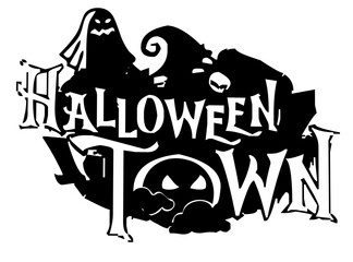 Spooky halloween town design with ghost bat and haunted house for festive holiday celebration on white background