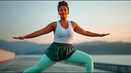 A young plus size woman performs the warrior yoga pose on an open rooftop at sunrise. She maintains strong balance and posture while expressing body confidence. - Powered by Adobe