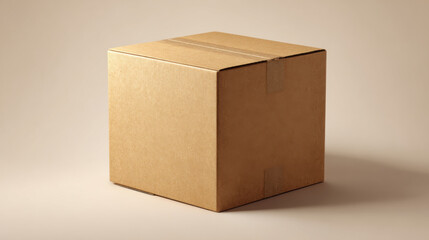 Fototapeta premium Brown cardboard box closed neutral background kraft paper isolated single package shipping storage delivery square cube