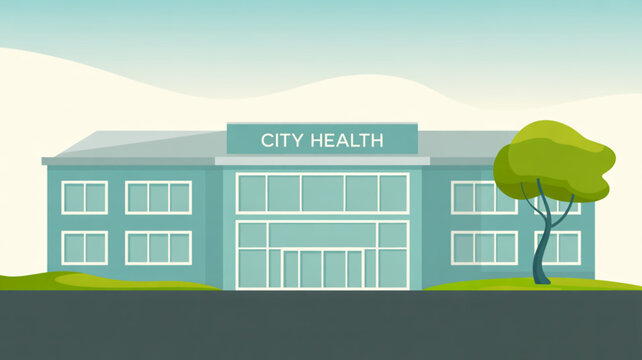 City health clinic building illustration with tree and sky for medical healthcare service and community wellness