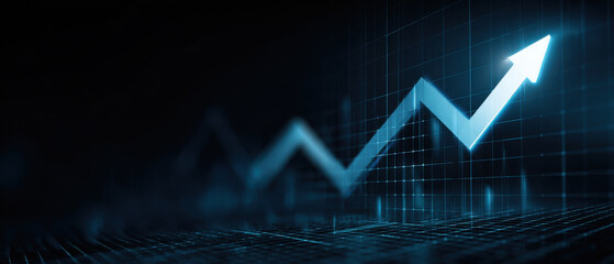 Upward trend arrow growth finance graph blue neon grid rise success Energized upward trend arrow subtle grid, glowing neon blue, symbolizing growth, finance progress, analytic insight
